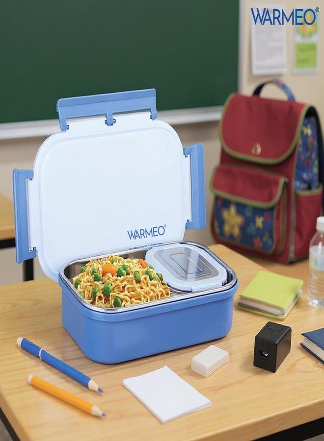 WARMEO علبة طعام وارميو أروما المصنوعة من الفولاذ المقاوم للصدأ والمعزولة حراريًا، محكمة الإغلاق، مانعة للتسرب، مزودة بغطاء بمشبك قفل، خفيفة الوزن، سهلة التنظيف، مثالية للمكتب والمدرسة والنزهات والسفر، عبوة مزدوجة (800 مل + 150 مل)، لون أزرق - Image 5